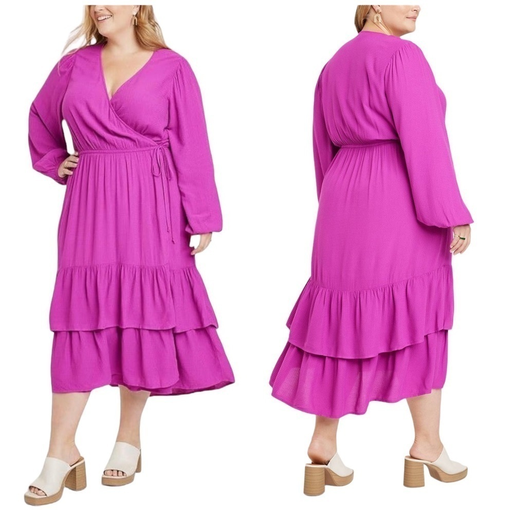 Knox Rose Raspberry Verbena Pink Long Sleeve Ruffle Maxi Wrap Dress